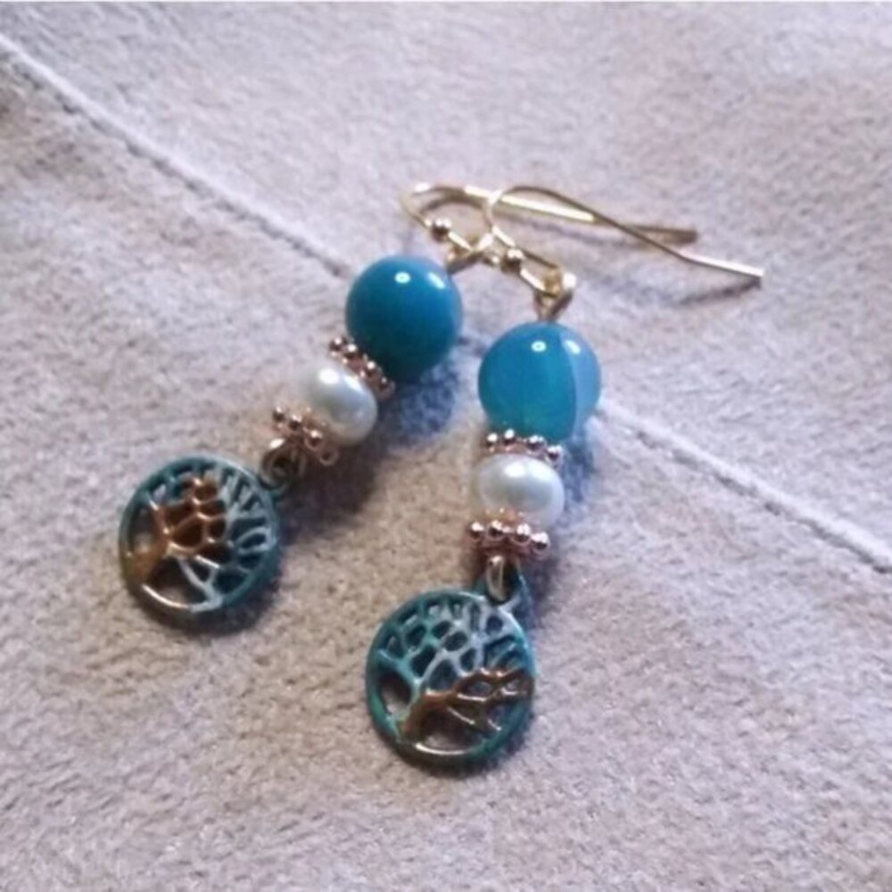 Tree of Life Patina Earrings • Agate & Pearl Dangles • Spring Sunshine Vibes